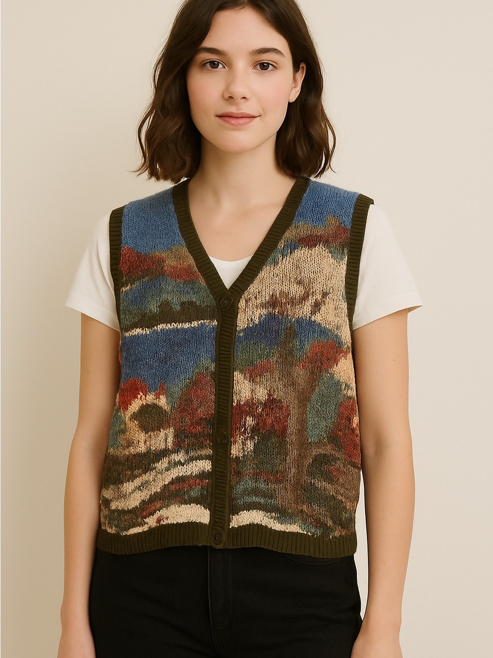 Vintage Robert Scott Cabin Fall Colors Handknitted Linen Blend Sweater Vest XL
